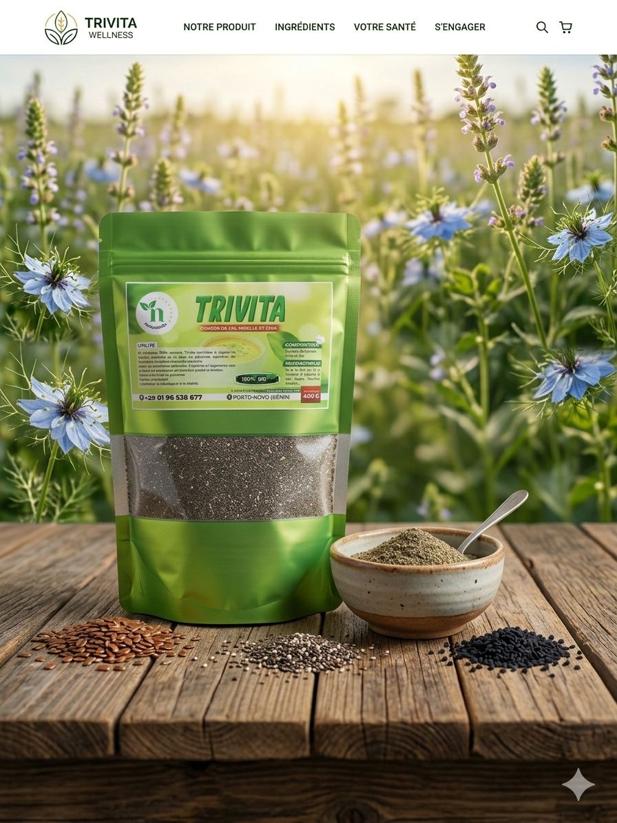 Packaging TRIVITA entouré de graines de chia, nigelle et lin